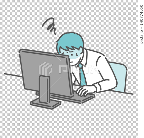 パソコンの前で辛そうに仕事をする男性のイラスト パソコンの前で辛そうに仕事をする男性のイラスト 140774050