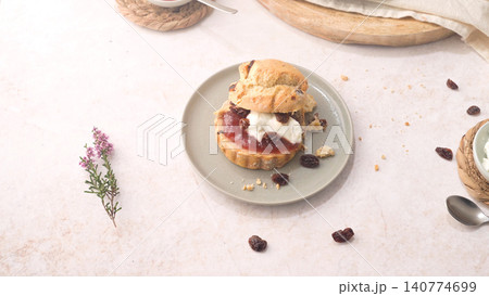 Scones with Strawberry Jam and Clotted Cream 140774699