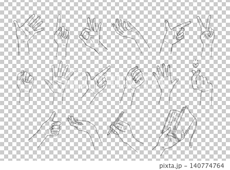 一組不同姿勢的手部插圖(黑線畫) 一組不同姿勢的手部插圖(黑線畫) 140774764