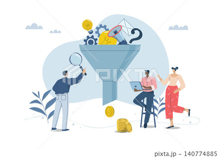 Collecting and filtering business ideas for return or profit, Business development ideas and corporate creativity, Business team people uses sales funnel filter of potential customers. Vector design. Collecting and filtering business ideas for return or profit, Business development ideas and corporate creativity, Business team people uses sales funnel filter of potential customers. Vector design. 140774885