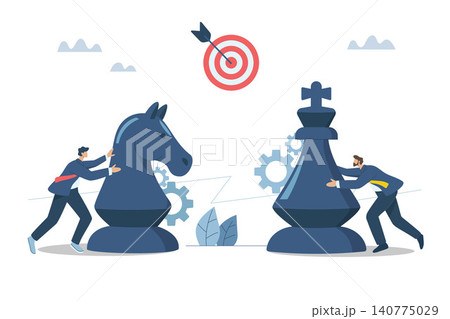 Planning for business goals, Strategizing to compete with competitors, Business confrontation, Businessman moving a large chess piece against a business competitor. Vector design illustration. Planning for business goals, Strategizing to compete with competitors, Business confrontation, Businessman moving a large chess piece against a business competitor. Vector design illustration. 140775029