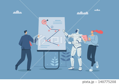 Strategic business planning, Working with artificial intelligence, AI support, Business team with robot brainstorms and plans strategic plans towards success or goals on a whiteboard. 140775208