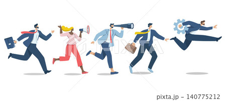 Set of character businessman run towards goal. Group of businessmen or company employees running fast, Business competition, Rushing to opportunity or success, Vector design illustration. Set of character businessman run towards goal. Group of businessmen or company employees running fast, Business competition, Rushing to opportunity or success, Vector design illustration. 140775212