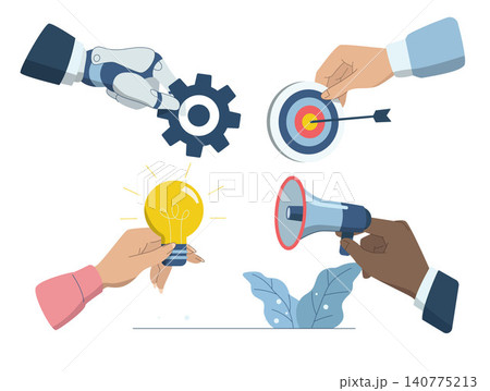 Successful teamwork, Working with artificial intelligence, Support of AI, Business team hands with robot hands with expertise and specific skills in the work. Vector design illustration. Successful teamwork, Working with artificial intelligence, Support of AI, Business team hands with robot hands with expertise and specific skills in the work. Vector design illustration. 140775213