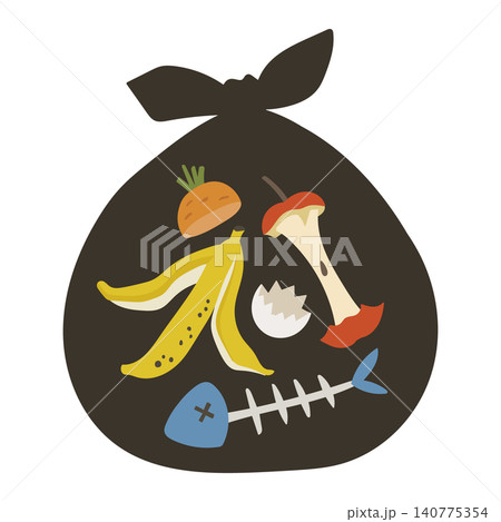 黒いゴミ袋に入った生ゴミと食品廃棄物のイラスト（環境問題・エコ） 140775354