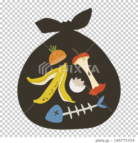 黒いゴミ袋に入った生ゴミと食品廃棄物のイラスト（環境問題・エコ） 140775354
