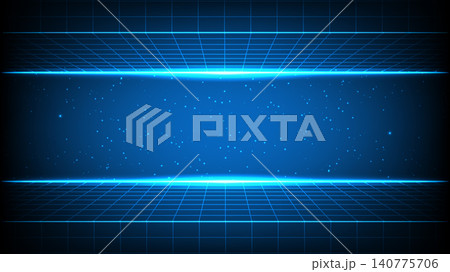 Technology futuristic grid wireframe backdrop with glowing light Technology futuristic grid wireframe backdrop with glowing light 140775706