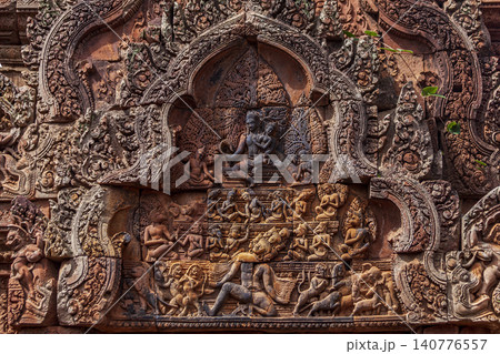 Intricate Sandstone Relief at Banteay Srei Temple, Angkor, Cambodia Intricate Sandstone Relief at Banteay Srei Temple, Angkor, Cambodia 140776557