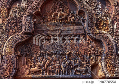 Intricate Sandstone Relief at Banteay Srei Temple, Angkor, Cambodia Intricate Sandstone Relief at Banteay Srei Temple, Angkor, Cambodia 140776558