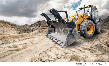 A universal excavator loader moves dirt at a construction site. The loader has a large bucket ready to scoop up materials. Clouds fill the sky above A universal excavator loader moves dirt at a construction site. The loader has a large bucket ready to scoop up materials. Clouds fill the sky above 140776703