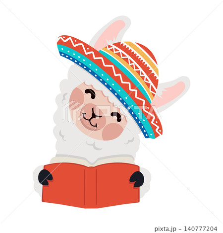 Cute Llama Wearing Sombrero Reading Book Cute Llama Wearing Sombrero Reading Book 140777204