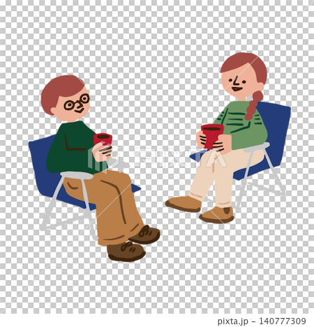An illustration of a couple relaxing while sitting at a campsite. An illustration of a couple relaxing while sitting at a campsite. 140777309