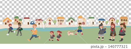 Illustration of people walking along the riverbank 140777321