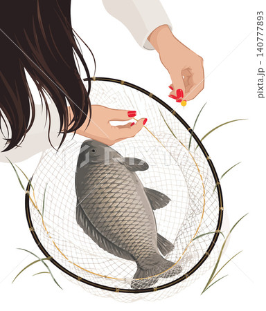 Vsai woman holding carp fish in a landing net 140777893