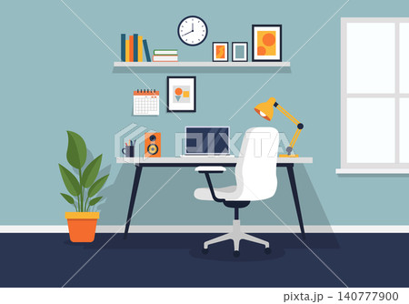 Creative Home Workspace Vector with Wall Clock and Coffee Mug Creative Home Workspace Vector with Wall Clock and Coffee Mug 140777900