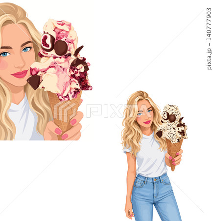 Vsai blonde woman enjoying two large ice cream cones Vsai blonde woman enjoying two large ice cream cones 140777903