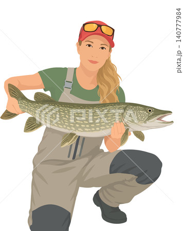 Woman angler holding a northern pike catch Woman angler holding a northern pike catch 140777984