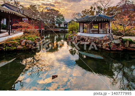 Sunset Reflection at "With Whom Shall I Sit" Pavilion, Suzhou, China 140777995