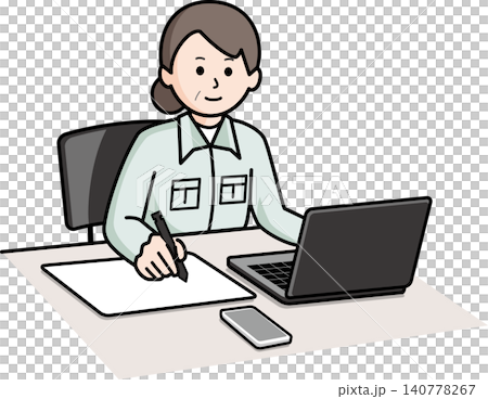 作業着でデスクワークをするシニアの女性 作業着でデスクワークをするシニアの女性 140778267