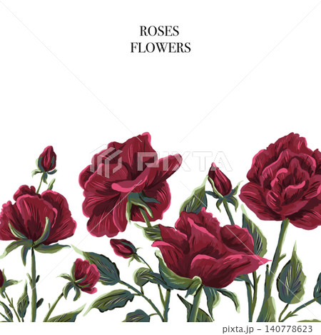 Elegant Red Roses Floral Wreath: Hand-Drawn Botanical Illustration. Red roses. Invitation. Place for text Elegant Red Roses Floral Wreath: Hand-Drawn Botanical Illustration. Red roses. Invitation. Place for text 140778623