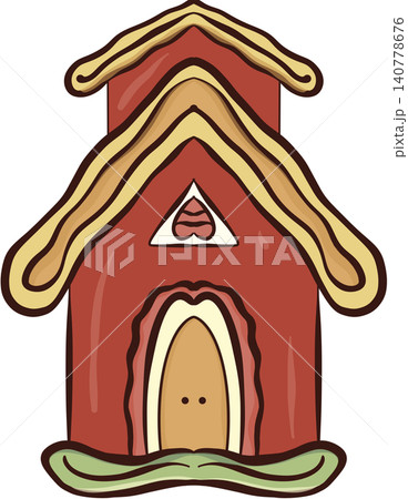 Cute red gingerbread house with icing roof 140778676