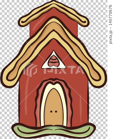 Cute red gingerbread house with icing roof 140778676