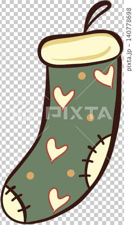 Green Christmas stocking with hearts and polka dots Green Christmas stocking with hearts and polka dots 140778698