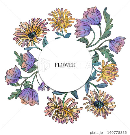 Vibrant Floral Wreath: Hand-Drawn Chrysanthemum and Bellflower Botanical Illustration. Yellow chrysanthemums frame. Invitation. Vibrant Floral Wreath: Hand-Drawn Chrysanthemum and Bellflower Botanical Illustration. Yellow chrysanthemums frame. Invitation. 140778886
