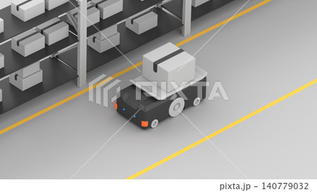 Autonomous guided vehicle (AGV) moving along warehouse shelves, 3d render Autonomous guided vehicle (AGV) moving along warehouse shelves, 3d render 140779032