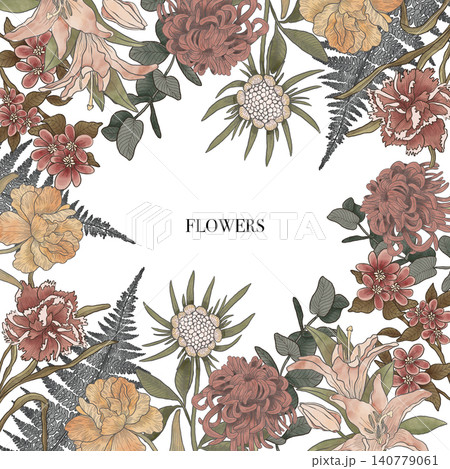 Vintage floral wreath: hand drawn botanical illustration with chrysanthemums and lilies. Watercolor flowers. Realistic botany.Flower frame. Invitation, greeting card, product advertising. Vintage floral wreath: hand drawn botanical illustration with chrysanthemums and lilies. Watercolor flowers. Realistic botany.Flower frame. Invitation, greeting card, product advertising. 140779061