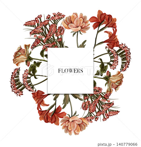 Vintage floral wreath: hand drawn botanical illustration with chrysanthemums and lilies. Watercolor flowers. Realistic botany.Flower frame. Invitation, greeting card, product advertising. Vintage floral wreath: hand drawn botanical illustration with chrysanthemums and lilies. Watercolor flowers. Realistic botany.Flower frame. Invitation, greeting card, product advertising. 140779066