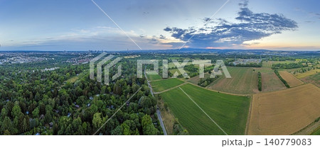 Frankfurt skyline and Taunus at sunset aerial panorama 140779083