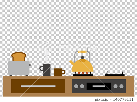 A color illustration of a cooking scene in a kitchen with a stovetop, showing breakfast being prepared. A color illustration of a cooking scene in a kitchen with a stovetop, showing breakfast being prepared. 140779111