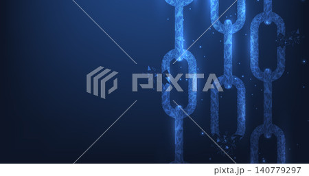 Glowing blockchain chain links shattering a broken connection or security failure against a dark blue futuristic background. Glowing blockchain chain links shattering a broken connection or security failure against a dark blue futuristic background. 140779297