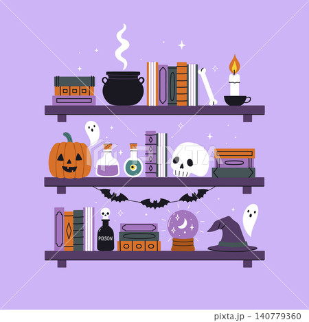 Shelves with Halloween attributes, books and magical objects. Vector graphics Shelves with Halloween attributes, books and magical objects. Vector graphics 140779360