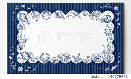Nautical frame with hand drawn seashells and corals on a dark blue striped background for elegant wedding invitations or marine themed event stationery Nautical frame with hand drawn seashells and corals on a dark blue striped background for elegant wedding invitations or marine themed event stationery 140779478