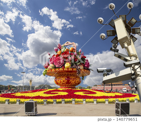 Street lamp and huge flower basket (against the background of a beautiful sky with clouds) in Tiananmen square, Beijing, China 140779651