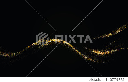 Wavy flow of golden particles on deep black background for luxury branding, holiday invitations, premium packaging, presentation covers, posters. 140779881