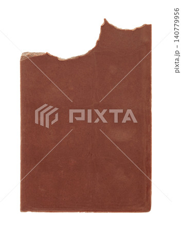 Bitten chocolate bar from the back side isolated on transparent background. Close-up sweet snack with visible bite mark and plain rear surface Bitten chocolate bar from the back side isolated on transparent background. Close-up sweet snack with visible bite mark and plain rear surface 140779956