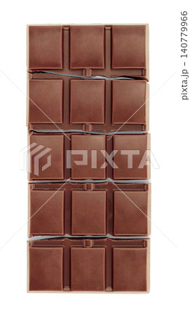 Broken chocolate bar isolated on transparent background. Close-up sweet confectionery snack with snapped pieces and visible fracture texture Broken chocolate bar isolated on transparent background. Close-up sweet confectionery snack with snapped pieces and visible fracture texture 140779966
