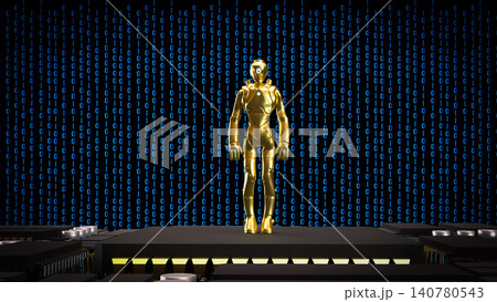 Golden Humanoid Robot On Digital Data Stage 3d render. Golden Humanoid Robot On Digital Data Stage 3d render. 140780543