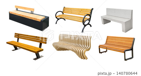 Collection of varied park benches featuring different designs Collection of varied park benches featuring different designs 140780644