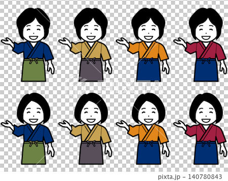 【不同髮型】身穿三重奏(日本傳統工作服)和圍裙的女性圖標,上面寫著「這邊請」。 【不同髮型】身穿三重奏(日本傳統工作服)和圍裙的女性圖標,上面寫著「這邊請」。 140780843