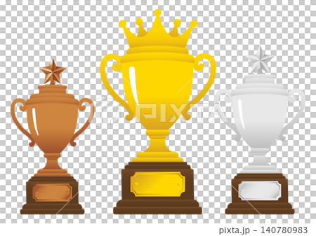 Gold, Silver, and Bronze Trophy Cup Set with Crown and Star Vector Illustration Gold, Silver, and Bronze Trophy Cup Set with Crown and Star Vector Illustration 140780983