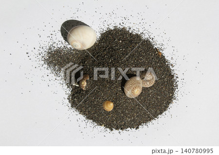 It is black sand and seashells. It is black sand and seashells. 140780995