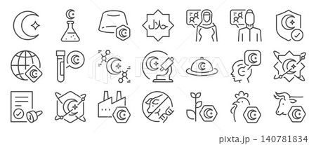 Halal Science icon set. It includes Islamic, food, technology, halal, muslim, and more icons. 140781834