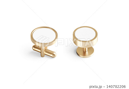 Blank round gold cufflinks stud and toggle mockup png, transparent background 3d rendering. Empty closure classic cuff-link mock up cut out. Clear circular sleeve link for male elegant shirt template. Blank round gold cufflinks stud and toggle mockup png, transparent background 3d rendering. Empty closure classic cuff-link mock up cut out. Clear circular sleeve link for male elegant shirt template. 140782206