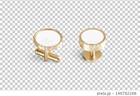 Blank round gold cufflinks stud and toggle mockup png, transparent background 3d rendering. Empty closure classic cuff-link mock up cut out. Clear circular sleeve link for male elegant shirt template. Blank round gold cufflinks stud and toggle mockup png, transparent background 3d rendering. Empty closure classic cuff-link mock up cut out. Clear circular sleeve link for male elegant shirt template. 140782206