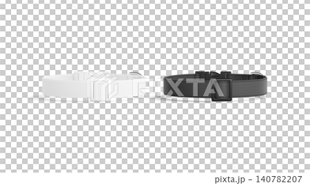 Blank black and white dog collar with plastic buckle mockup png, transparent background, 3d rendering. Empty strap with safety clasp for puppy mock up cut out, front view. Clear lock doggy accessory. 140782207