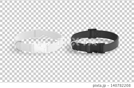 Blank black and white dog collar with plastic buckle mockup png, transparent background 3d rendering. Empty puppy necklace with clasp for control mock up cut out. Clear quick side fastener for animal. 140782208
